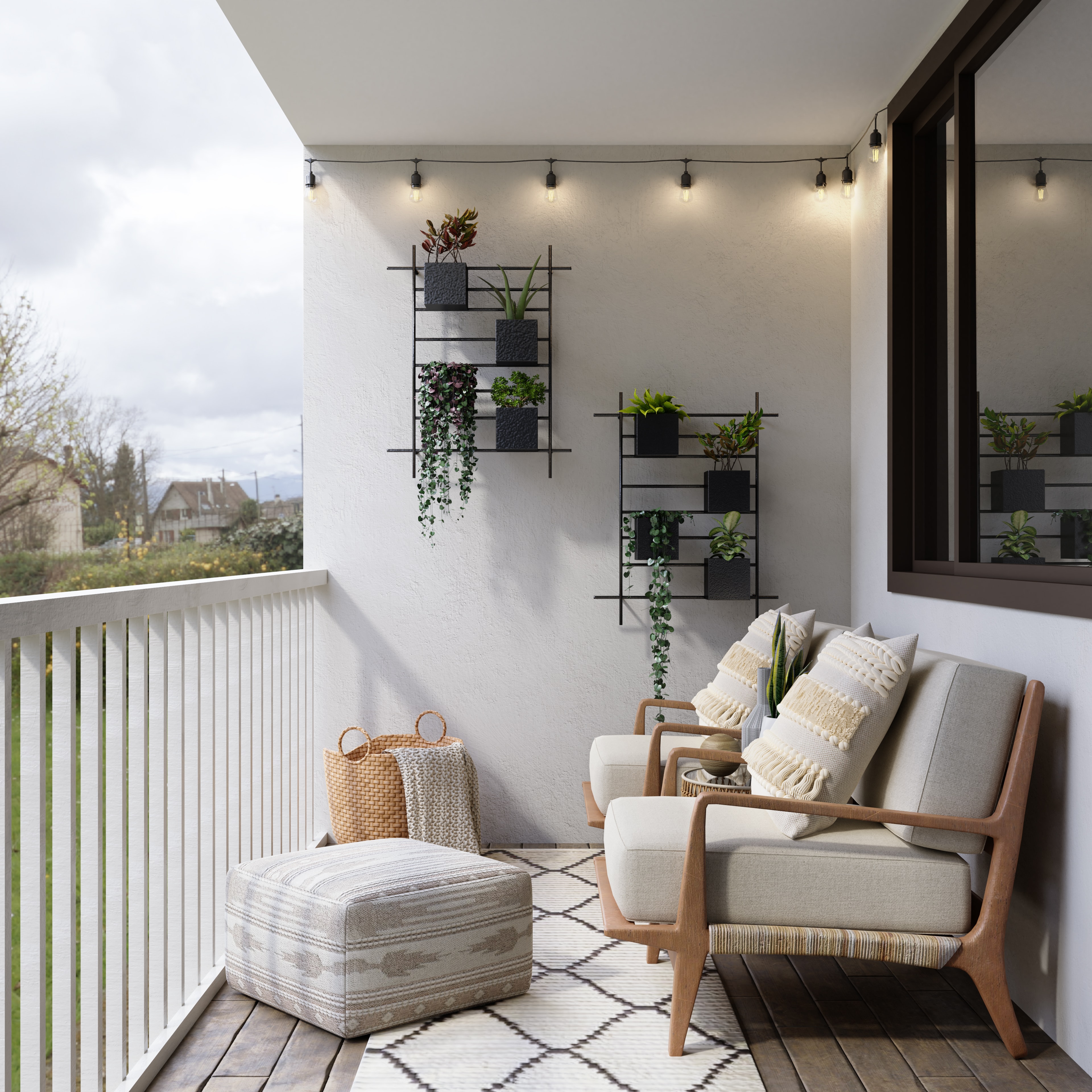 Vertical balcony garden with DIY Pine Wood Shelf for Plants in small spaces 