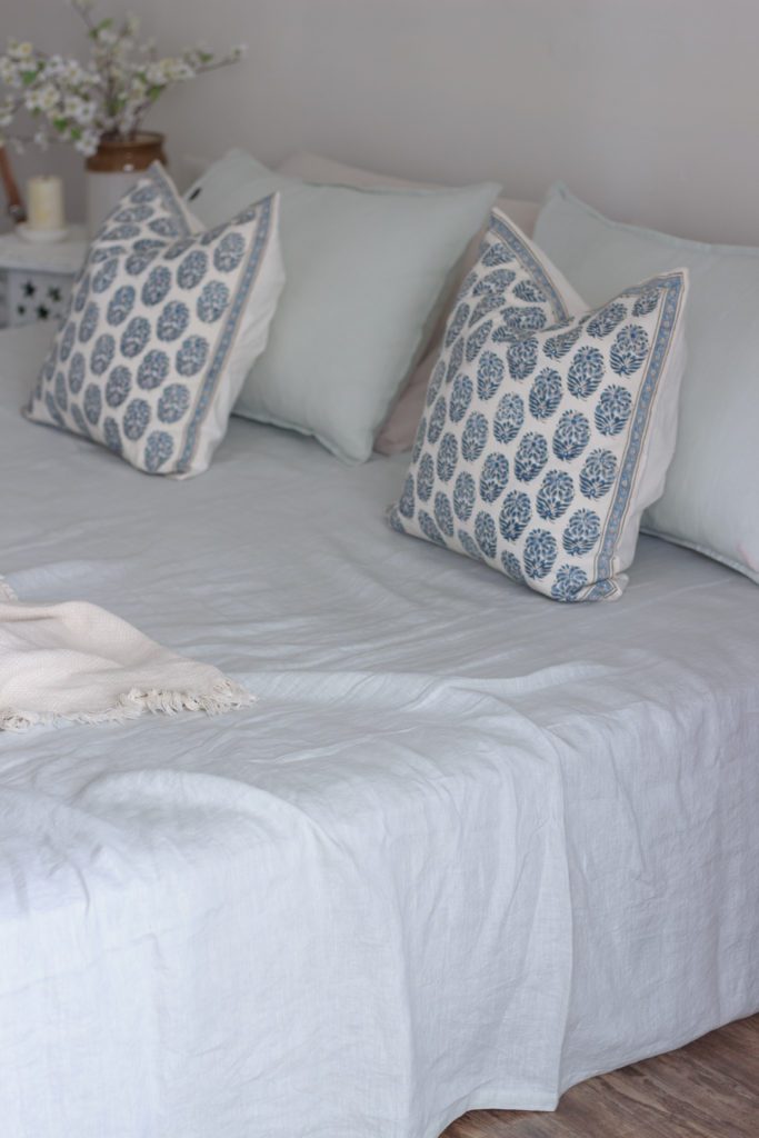 Minty Linens paired with Blocks prints in our summer bedroom