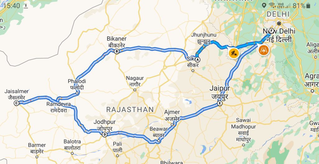 Route Map - Delhi to Jaisalmer Road Trip